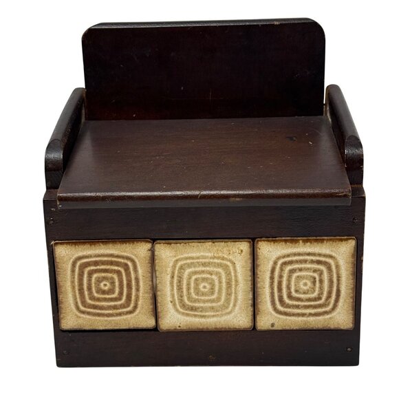 Vintage Rosenthal Netter Wood Recipe Box MCM 3x5 Card Holder Ceramic Tile Front - Picture 4 of 10